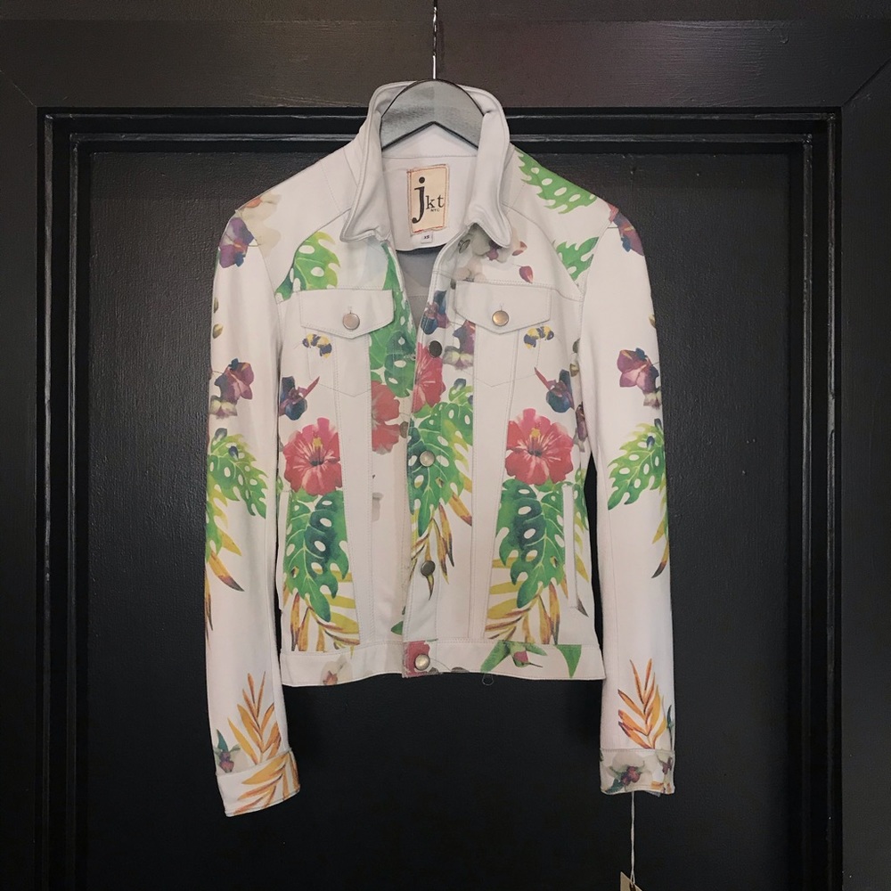 Last one! White leather jacket w/ floral print